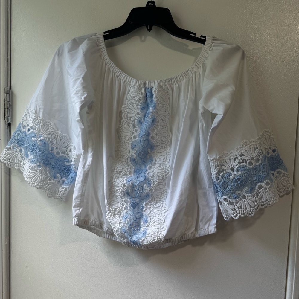 White and Blue Lace Trim Women's Top